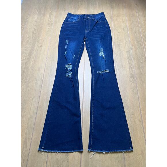 Vintage Look blue high-rise distressed flare Flamingo Distressed Jeans Sz 25x30 - Picture 2 of 12